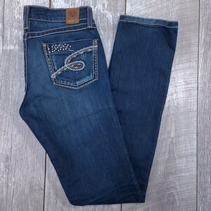 BKE Mya Skinny Jeans Womens 27x32 Dark Wash Embroidered Stretch Denim Distressed